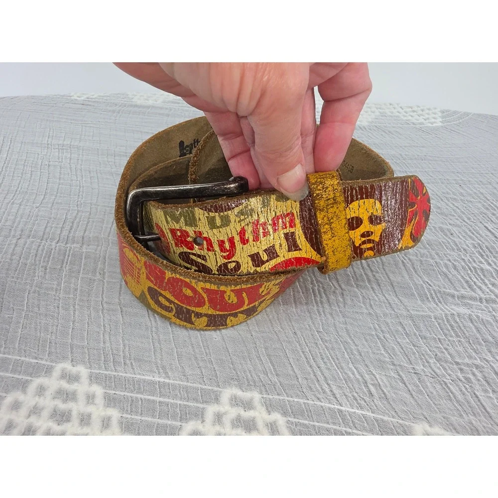 Leather Island Bill Lavin Graphic Leather Belt Music Soul Skulls Distressed 34